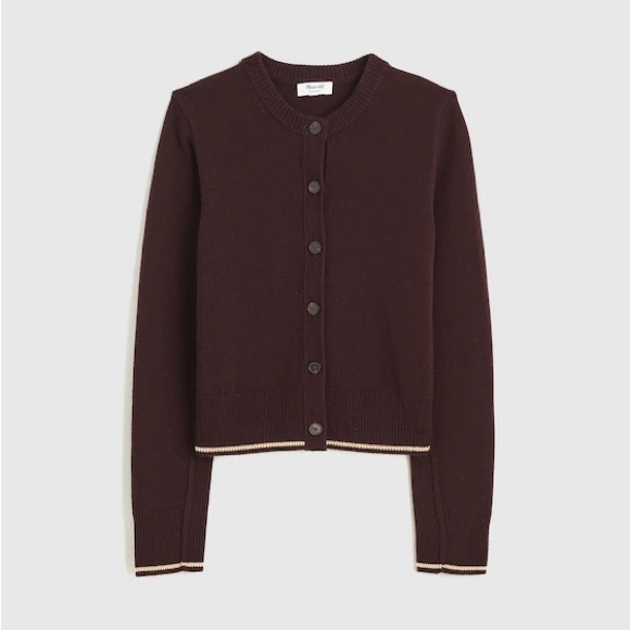 Madewell Sweaters - Madewell Cashmere Dark Brown Crewneck Button-Front Cardigan with Cream Trim